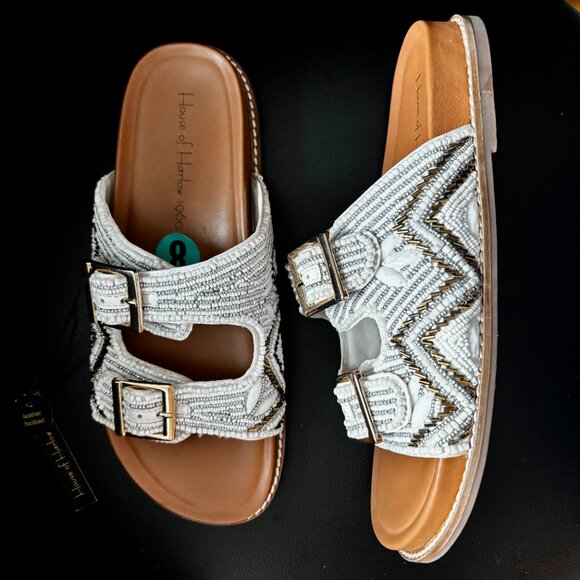 House of Harlow Beaded Flat Sandal Double Buckle White Shimmer Gold Sz 8 NEW - Picture 2 of 10
